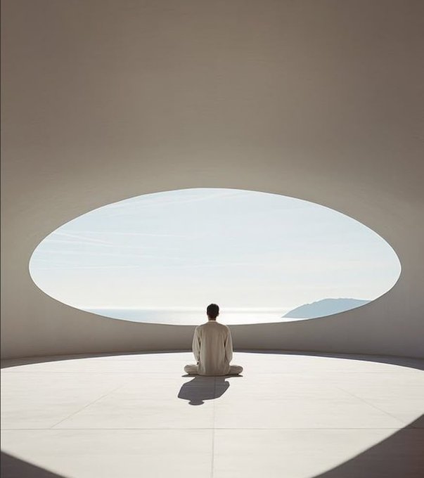 A person sitting cross-legged in meditation inside a minimalist white room, facing a large oval opening that frames a serene view of the ocean and distant mountains.