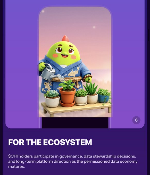Promotional graphic titled 'FOR THE ECOSYSTEM' showing a cute green cartoon character watering potted succulents, with text explaining that $CHI holders participate in governance and data stewardship decisions.
