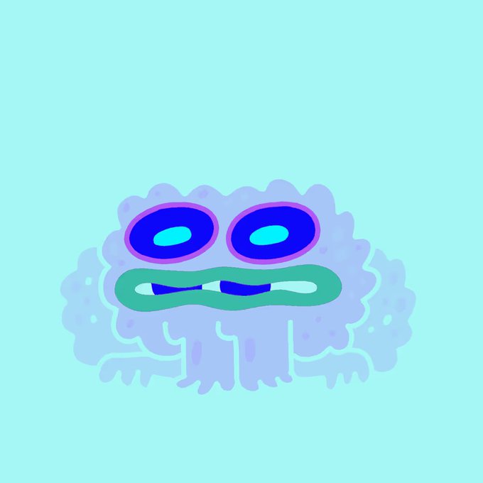 A digital illustration of a lumpy, light purple cloud-like creature with two large eyes and a wide, teal-colored mouth set against a solid light blue background.