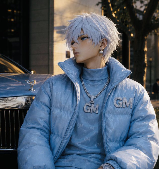 A stylized 3D render of a white-haired anime-style character wearing a light blue puffer jacket and matching turtleneck, both featuring 'GM' branding, posing next to a Rolls-Royce car.