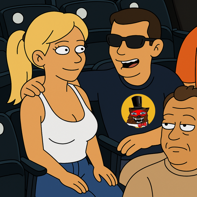 An animated cartoon scene of three characters sitting in theater seats, with a woman in a white tank top, a man in sunglasses wearing a shirt with a cat graphic, and another man partially visible.