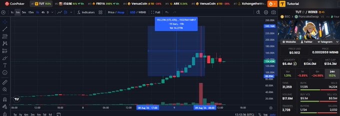 A cryptocurrency trading chart on CoinPoker displaying the WBNB/CoinPoker trading view with a recent price pump highlighted in a blue rectangle, showing a price of approximately $164.1M.