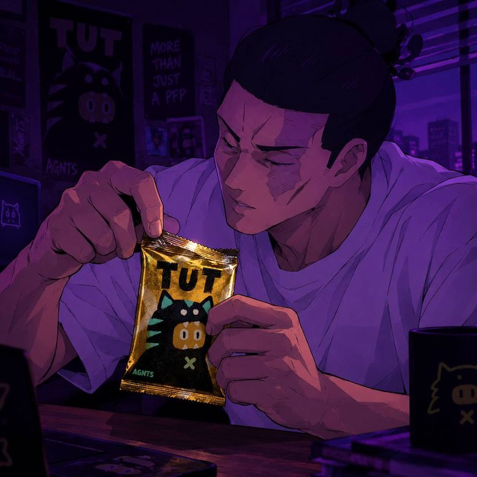 An anime-style illustration of a person opening a shiny gold packet labeled 'TUT' featuring a boar character with an 'X' and 'AGNTS' text, with a poster in the background reading 'TUT - MORE THAN JUST A PFP'.