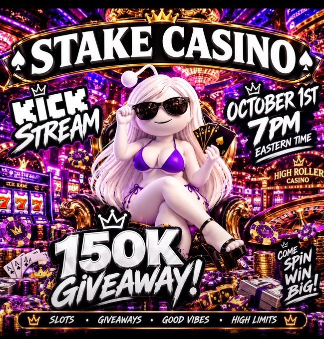 A promotional poster for 'STAKE CASINO' featuring a cartoon anime-style girl, advertising a 'Kick Stream' on October 1st 7PM Eastern Time with a '150K GIVEAWAY'.