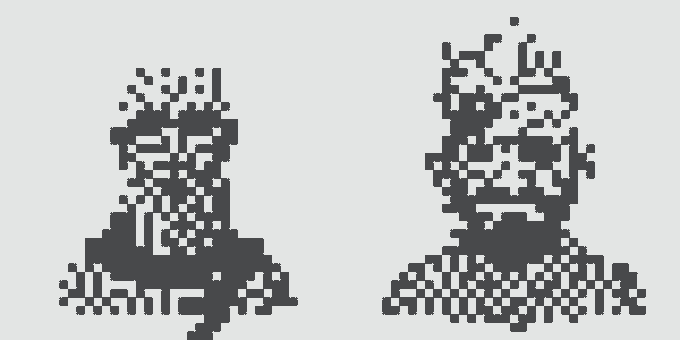 The image features two black and white pixel art portraits of people, with one person wearing glasses and the other having a beard. The text "2x Normie Sweep! #853b, #852a" is present, which may be related to the artist or the content of the artwork.