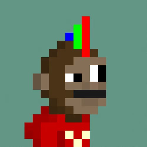 A pixel art portrait of a brown monkey character with one eye closed, wearing a red shirt and adorned with colorful red, green, and blue pixelated shapes on its head against a solid teal background.