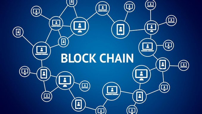 A graphic illustration depicts the concept of blockchain, showing interconnected icons of computers and devices with the text "BLOCK CHAIN" in the center on a blue background.