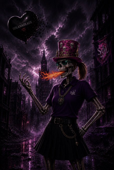 A digital illustration of a skeleton wearing a purple 'Lexie' top hat, a 'Sof' shirt, and a skirt, breathing fire in a gothic city with a 'SOLANADEADS' heart balloon.