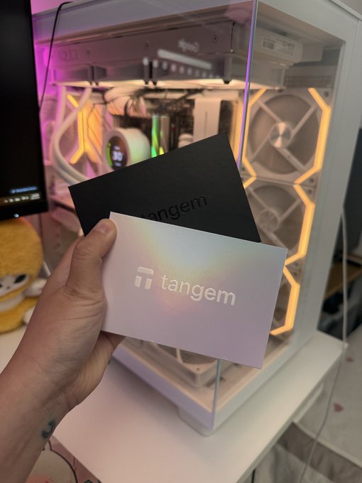 A hand holds two Tangem branded cards in front of a white PC case with hexagonal RGB-lit fans.
