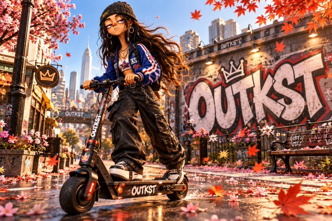 An anime-style illustration depicts a girl in streetwear riding a scooter labeled 'OUTKST' through a city street with graffiti, cherry blossoms, and falling autumn leaves.