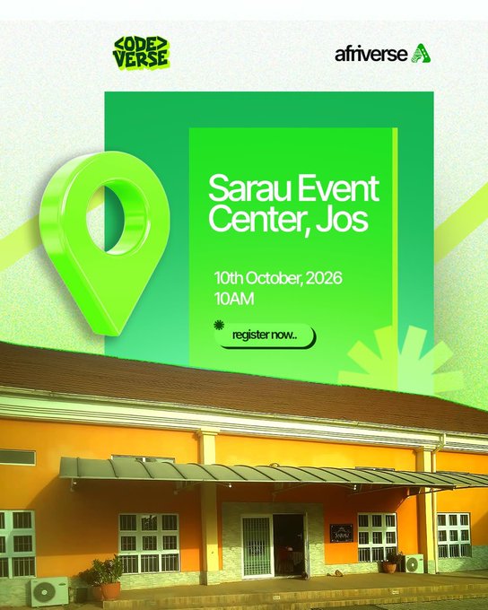 A promotional graphic for the "Code(d) Verse" event hosted by Afriverse at Sarau Event Center in Jos, scheduled for 10th October 2026 at 10AM, featuring a green location pin icon overlaid on a photo of the venue.