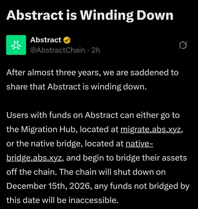 A social media post from Abstract (@AbstractChain) titled 'Abstract is Winding Down,' announcing the chain will shut down on December 15th, 2026, and directing users to migrate.abs.xyz or native-bridge.abs.xyz to bridge their assets.