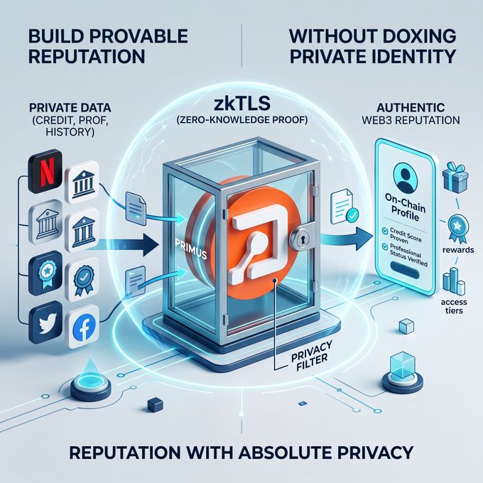 A 3D infographic titled 'BUILD PROVABLE REPUTATION WITHOUT DOXING PRIVATE IDENTITY' illustrating 'zkTLS (Zero-Knowledge Proof)' and 'REPUTATION WITH ABSOLUTE PRIVACY'.