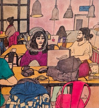 An illustration of a crowded cafe or co-working space featuring a woman in a purple sweater wearing headphones around her neck, surrounded by other patrons working on laptops under hanging lamps.