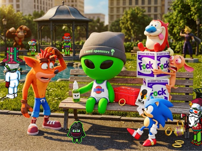 A green alien character wearing a beanie that says "i need sponsors" sits on a park bench surrounded by various video game characters including Crash Bandicoot, Sonic, and Ren & Stimpy.