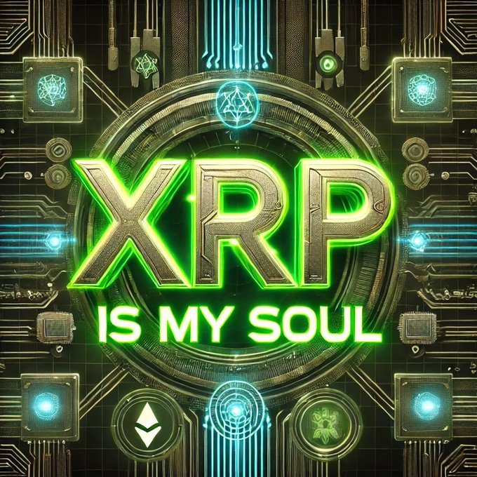 A futuristic digital graphic with glowing green "XRP" text and "IS MY SOUL" below it, surrounded by circuit board designs and cryptocurrency logos including Ethereum and Bitcoin.