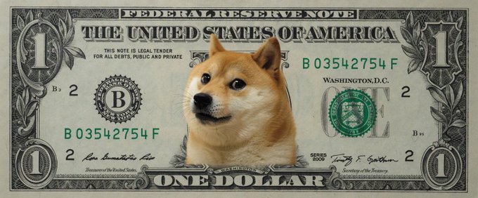 The image features a dog's head, placed centrally on an American one dollar bill, which serves as the advertisement for Dogecoin. The surrounding text encourages a community effort for the future success of this cryptocurrency, stating that "We can accomplish this by educating people." This is a call to action for individuals who want to learn more about and invest in Dogecoin.