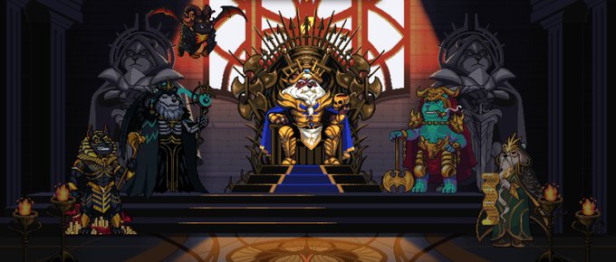 An illustration from a pixel art style video game depicting a dark throne room scene with several animalistic characters, including a tiger-like king on a throne flanked by other animal figures.