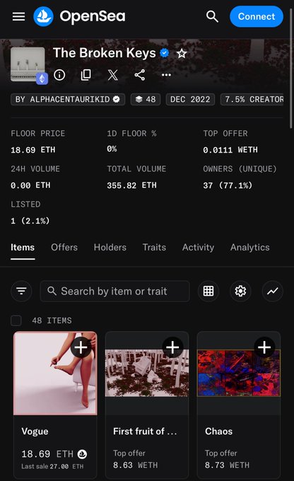 OpenSea NFT marketplace page for a collection called "The Broken Keys" by ALPHACENTAURIKID, showing 48 items, a floor price of 18.69 ETH, total volume of 355.82 ETH, and pieces titled "Vogue," "First fruit of...," and "Chaos."