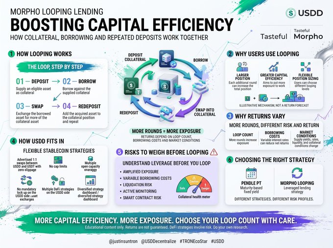 An educational infographic titled 'MORPHO LOOPING LENDING: BOOSTING CAPITAL EFFICIENCY' explaining collateral borrowing looping strategies with USDD, detailing steps, risks, and strategies.