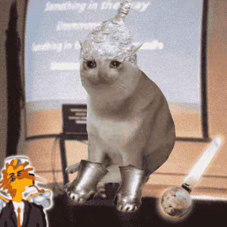 An edited image of a cat wearing silver robot boots, accompanied by Garfield and a small robot character, with text overlay 'existing in this way means even when i try my hardest.'