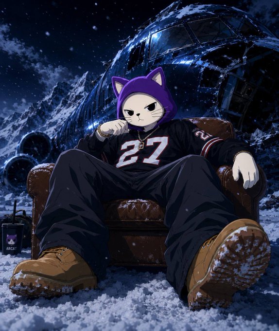 An anthropomorphic white cat wearing a purple hoodie with cat ears lounges confidently in a brown leather armchair in the snowy wreckage of what appears to be a crashed Death Star-like structure, sporting a black jersey with the number "27," gold chain, and Timberland boots while holding an "ARCAT" branded cup—perfectly embodying the post's theme of bringing "the coldest energy to arc."