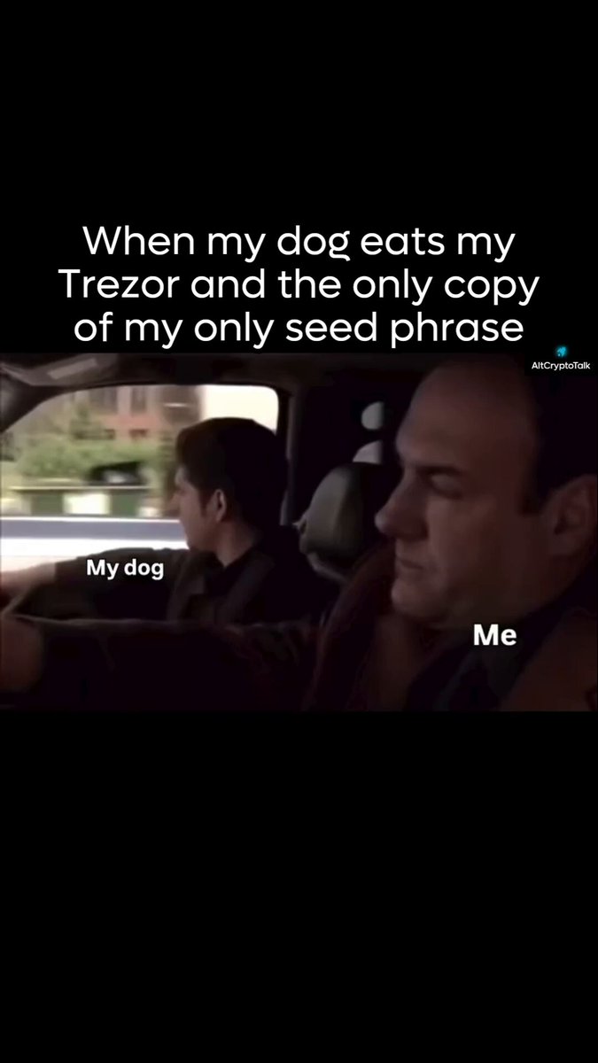 The image shows a man sitting inside a car, with his head resting against the window. There are two people visible in the photo - one person who appears to be driving the car, and another person who seems to be a dog. The caption of the image reads "When my dog eats my trezor and the only copy of my only seed phrase". This post is about a dog eating a trezor, which is a type of candy bar that contains ephedra, an illegal substance. The caption also mentions that the dog's love is still unconditional.