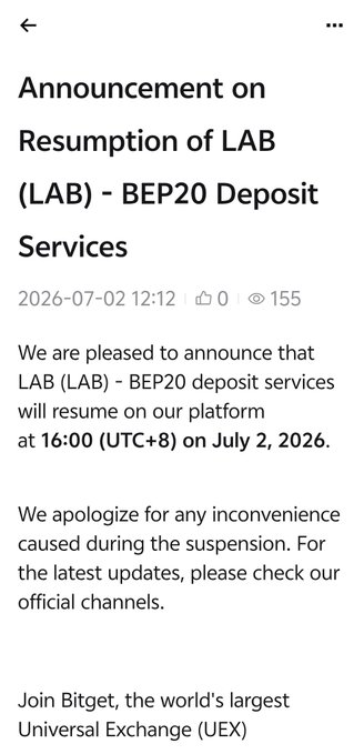 Bitget announcement stating that LAB (LAB) BEP20 deposit services will resume on July 2, 2026, at 16:00 (UTC+8), confirming the post's notice that LAB deposits are reopening on the exchange.