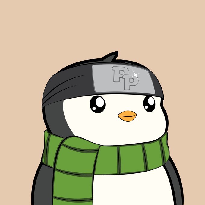 A cartoon illustration of a penguin wearing a black ninja headband with 'PP' logo and a green scarf against a beige background.