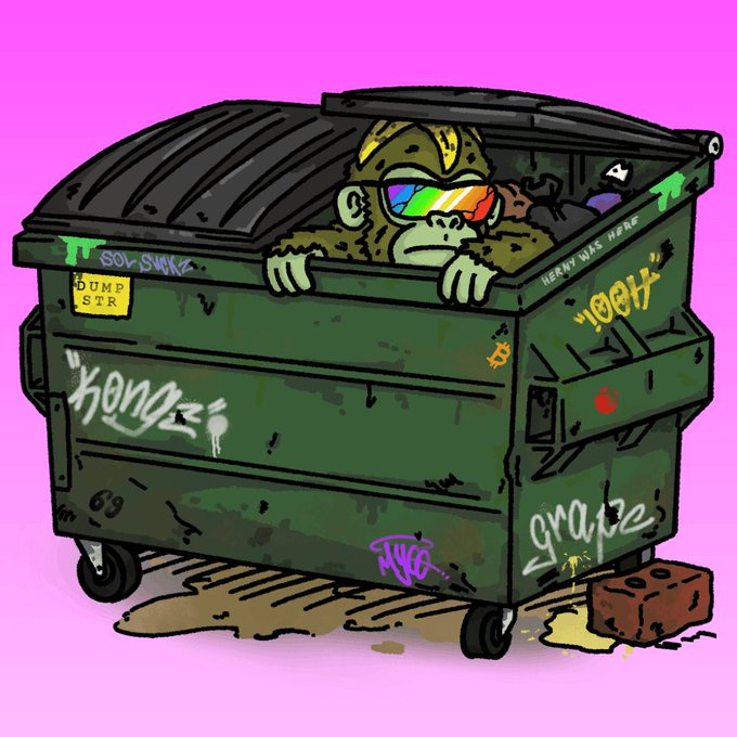 Cartoon illustration of a graffiti-covered green dumpster with a monkey wearing colorful sunglasses peeking out, set against a pink background.