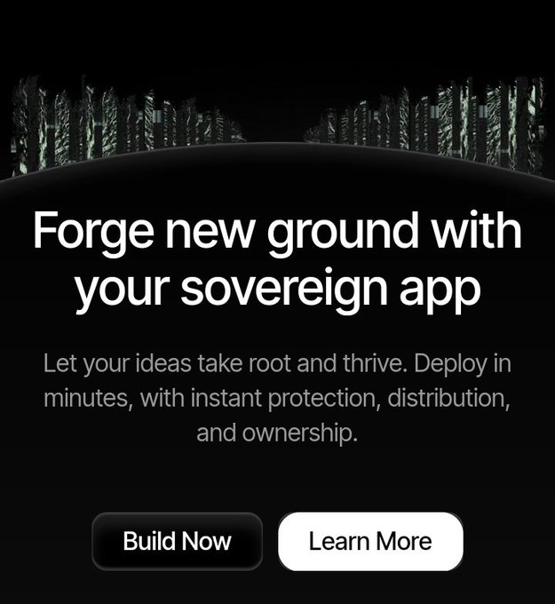A dark-themed promotional graphic with the headline 'Forge new ground with your sovereign app' about app deployment, featuring 'Build Now' and 'Learn More' buttons.