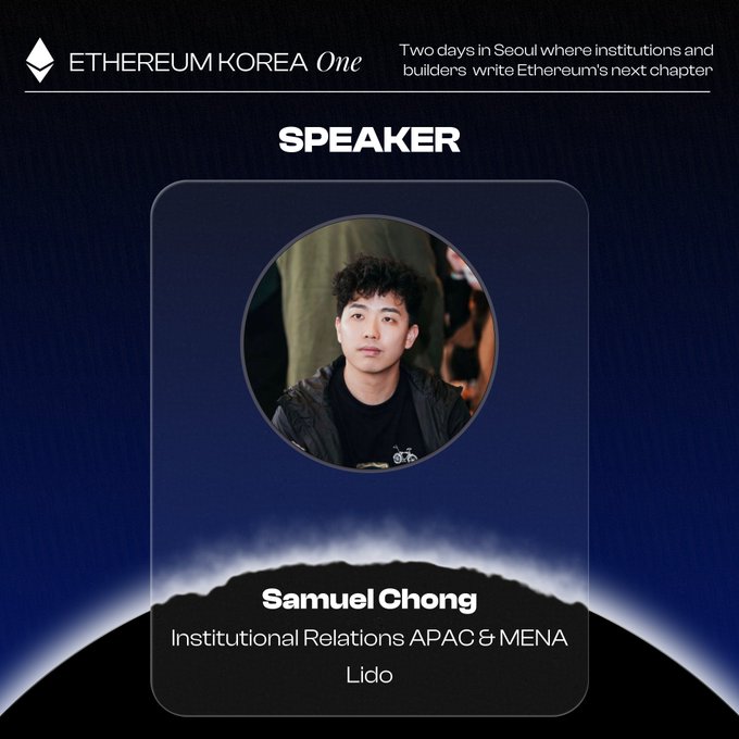 Promotional speaker card for Ethereum Korea One featuring Samuel Chong, Institutional Relations APAC & MENA at Lido, set to speak in Seoul on September 28th.

The image directly visualizes the post's announcement by displaying a circular portrait of Samuel Chong (@stakesaurus) above his name and title at Lido, framed within the event's branded card layout that includes the "ETHEREUM KOREA One" header and tagline "Two days in Seoul where institutions and builders write Ethereum's next chapter," with attendees directed to one.ethereumkorea.io.