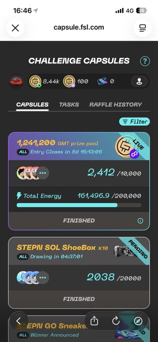 A screenshot of the capsule.fsl.com mobile app showing the "CHALLENGE CAPSULES" page with a balance of 8.44k, including finished challenges like a GMT prize pool with 1,241,200 tokens (2,412/10,000 entries) and a STEPN SOL ShoeBox x10 drawing (2,038/20,000).