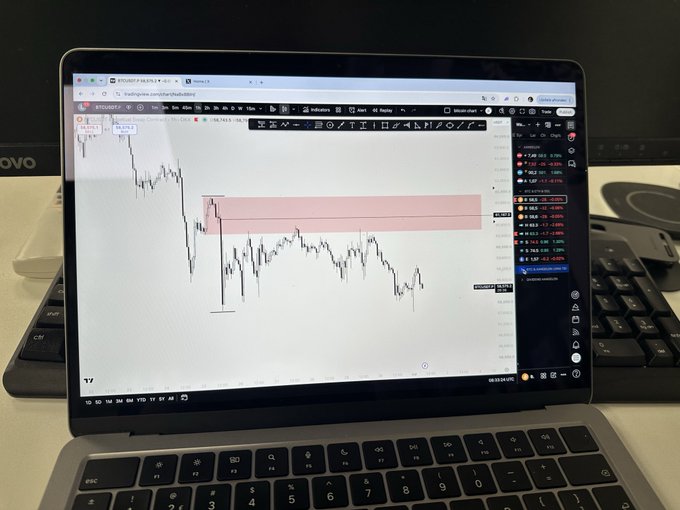 A laptop on a desk displays a TradingView chart of BTCUSDT Perpetual Futures, with a pink highlighted zone marking a key supply/resistance area near $116,000–$118,000 as price recovery begins—fittingly illustrating the post's question about whether Bitcoin's bottom is in for the new month.
