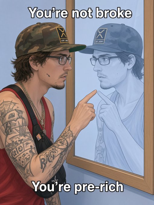 The image shows a tattooed man in a camo cap pointing at his faded reflection in a mirror, with text reading "You're not broke" at the top and "You're pre-rich" at the bottom. The meme humorously reframes financial struggles by suggesting that having little money is simply a precursor stage to future wealth, aligning with the post's theme of optimistic self-encouragement about not yet being rich.