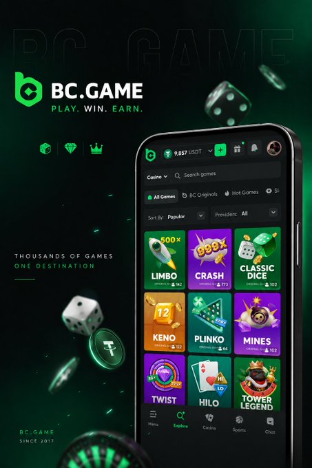 An advertisement for BC.GAME casino app displays the tagline 'PLAY. WIN. EARN.' and features various games like Limbo, Crash, Keno, and Plinko alongside dice and chips on a dark green background.