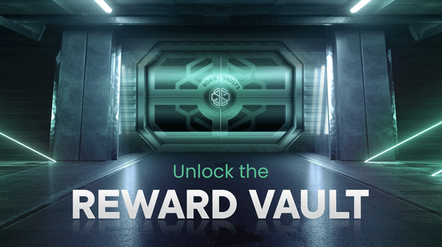 A futuristic vault door with glowing teal accents is displayed alongside the text "Unlock the REWARD VAULT" and a "BORG VAULT" emblem, visually reinforcing the post's invitation to celebrate a MiCA milestone with exclusive BORG rewards.