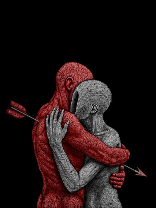 A dark illustration of two humanoid figures—one red, one grey—embracing, with an arrow piercing through them.