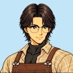 An anime-style illustration depicts a young man with brown wavy hair and glasses, wearing a plaid shirt under brown overalls against a light blue background.