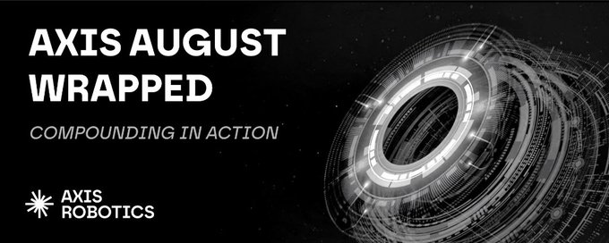 A promotional graphic with a black background features the text 'AXIS AUGUST WRAPPED' and 'COMPOUNDING IN ACTION' alongside the 'AXIS ROBOTICS' logo and a futuristic, rotating mechanical ring design.