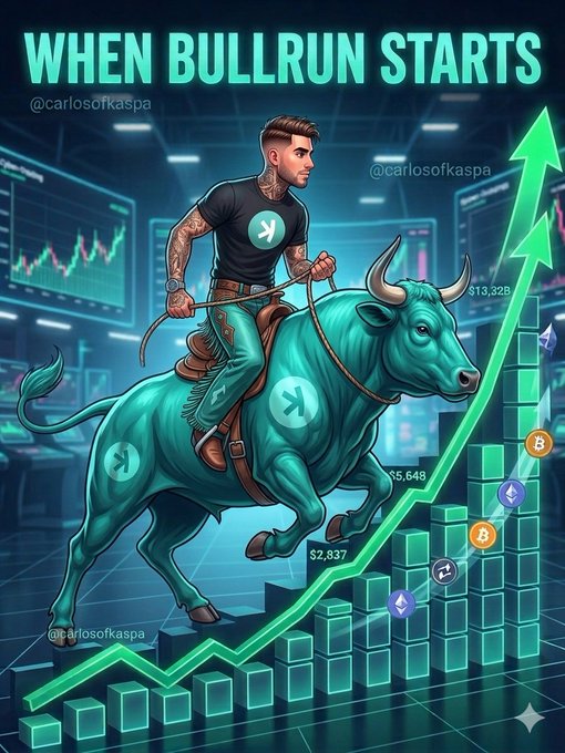 The image features a man riding a bull, which is depicted with a green color. He has tattoos on his arm as well. A bar chart is displayed below him, displaying a series of numbers increasing linearly from left to right. The caption for this image reads "When Bullrun Starts".