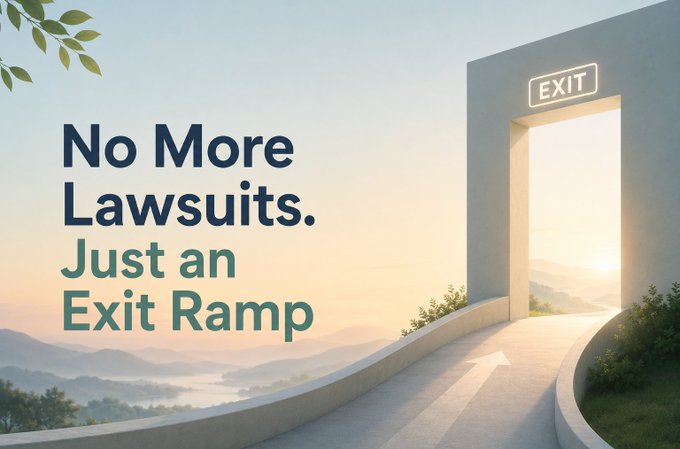An advertisement or promotional image showing a door labeled 'EXIT' leading to a bright landscape, with text reading 'No More Lawsuits. Just an Exit Ramp'.