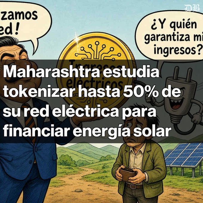 A Spanish-language meme illustration about 'Maharashtra' tokenizing up to 50% of its electrical grid to finance solar energy, showing a businessman with a 'Tokens eléctricos' coin, a worried citizen, and an electrical plug character.