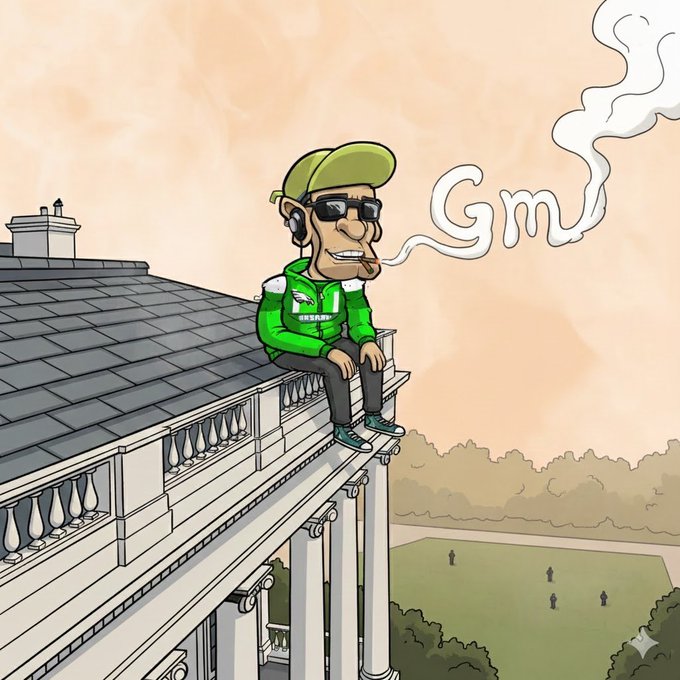 A cartoon illustration of a man wearing a green cap, sunglasses, and green jacket sitting on the edge of a classical building's roof, blowing smoke that forms the letters 'Gm'.