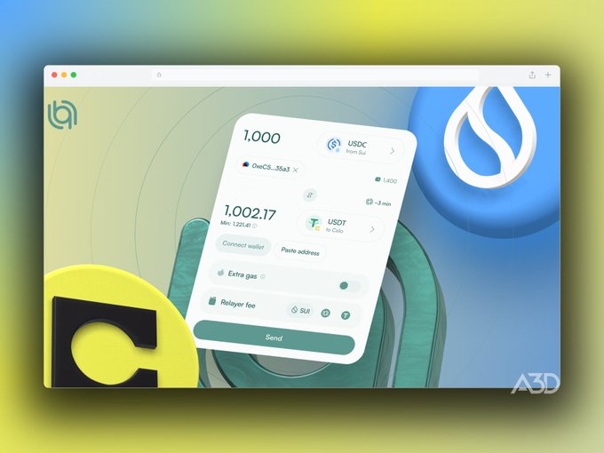 A 3D-style mockup of a browser window displaying a cryptocurrency transaction interface with USDC and USDT tokens, showing amounts of 1,000 and 1,002.17, on a green and blue gradient background.