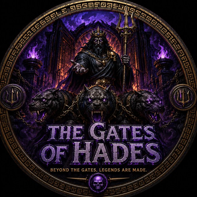 A fantasy-style circular emblem titled 'THE GATES OF HADES' with the tagline 'BEYOND THE GATES, LEGENDS ARE MADE,' depicting a dark king holding a trident, flanked by three snarling wolves with glowing purple eyes.