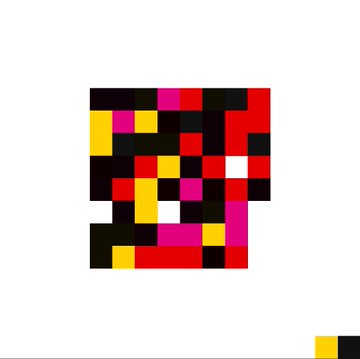 A pixel art image composed of red, yellow, black, white, and magenta squares on a white background.