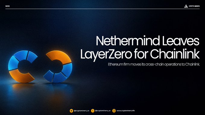 A news graphic from 'Crypto News' with the headline 'Nethermind Leaves LayerZero for Chainlink' and a subheadline 'Ethereum firm moves its cross-chain operations to Chainlink,' accompanied by an orange and blue logo and social media handles for @cryptominers_cn.