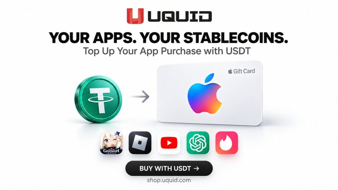 A UQUID advertisement displays 'YOUR APPS. YOUR STABLECOINS. Top Up Your App Purchase with USDT' with an Apple Gift Card and various app icons.