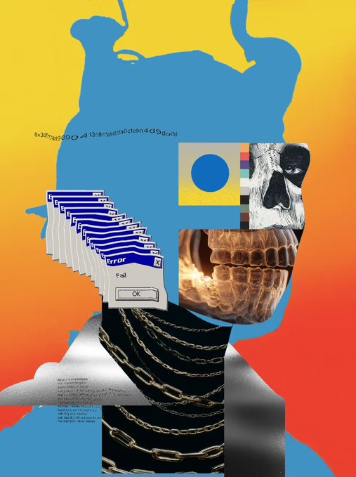 A surreal collage artwork on a yellow-orange gradient background, featuring a blue silhouette, error message pop-ups, a skull, gold chains, and upside-down text.